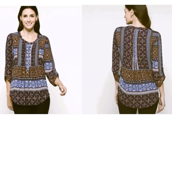Women’s Large Boho Peasant Tunic Blouse Blue Navy Print Button Front 3/4 sleeve - Picture 1 of 16